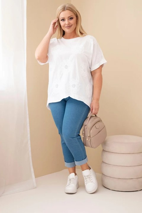 Bluzka damska bawełniana Plus Size z haftowanymi kwiatami biała