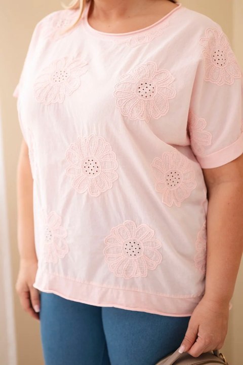 Bluzka damska bawełniana Plus Size z haftowanymi kwiatami cukierkowy róż
