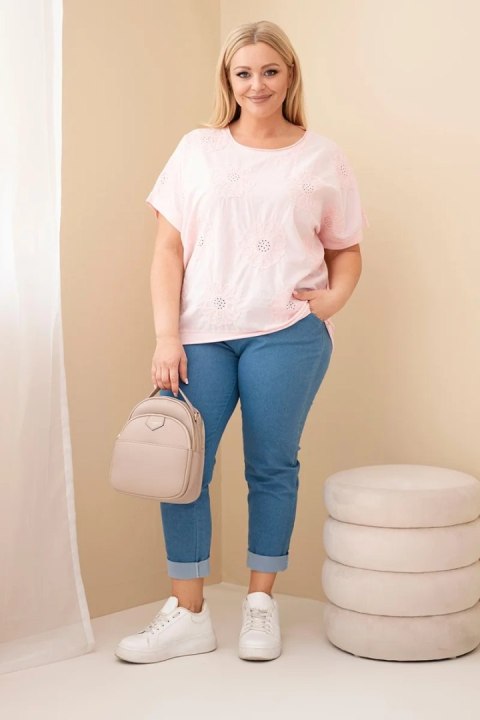 Bluzka damska bawełniana Plus Size z haftowanymi kwiatami cukierkowy róż
