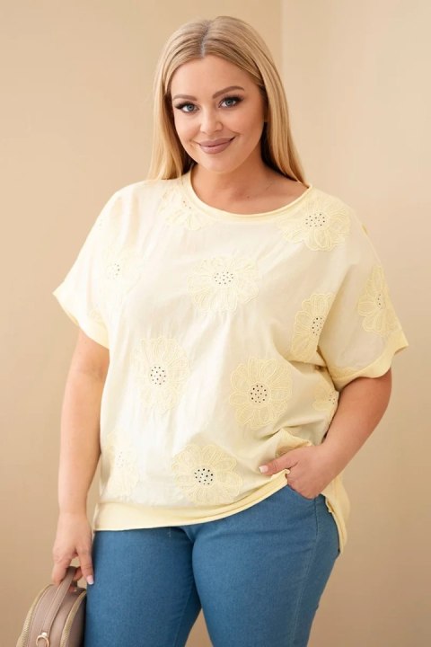 Bluzka damska bawełniana Plus Size z haftowanymi kwiatami żółta