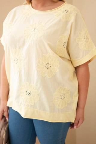 Bluzka damska bawełniana Plus Size z haftowanymi kwiatami żółta