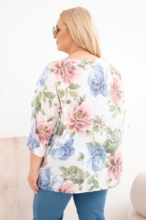 Bluzka damska bawełniana Plus Size z krótkim rękawem i kwiatowym wzorem biała