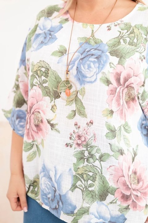 Bluzka damska bawełniana Plus Size z krótkim rękawem i kwiatowym wzorem biała