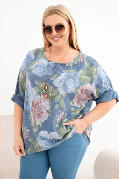 Bluzka damska bawełniana Plus Size z krótkim rękawem i kwiatowym wzorem jeansowa