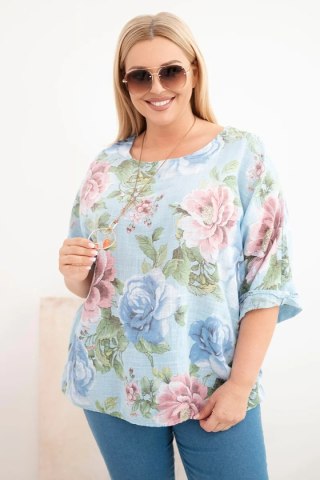 Bluzka damska bawełniana Plus Size z krótkim rękawem i kwiatowym wzorem niebieska