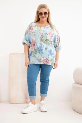 Bluzka damska bawełniana Plus Size z krótkim rękawem i kwiatowym wzorem niebieska