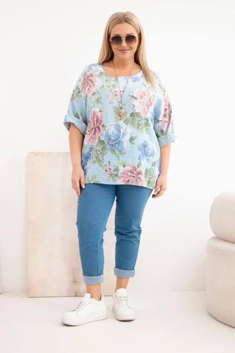 Bluzka damska bawełniana Plus Size z krótkim rękawem i kwiatowym wzorem niebieska