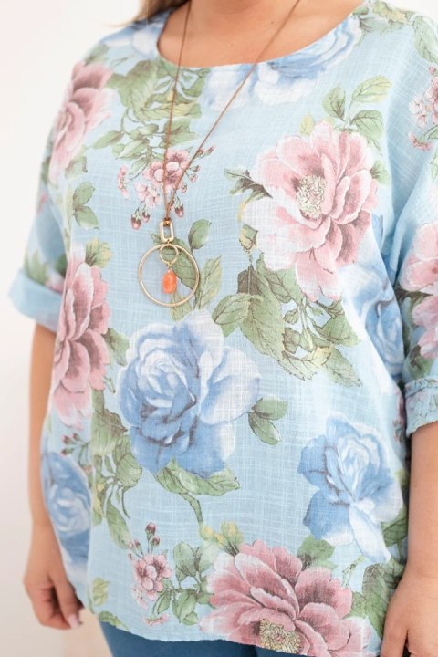 Bluzka damska bawełniana Plus Size z krótkim rękawem i kwiatowym wzorem niebieska