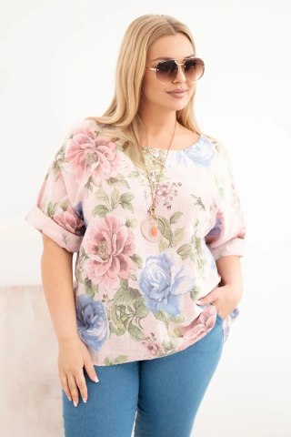 Bluzka damska bawełniana Plus Size z krótkim rękawem i kwiatowym wzorem pudrowy róż