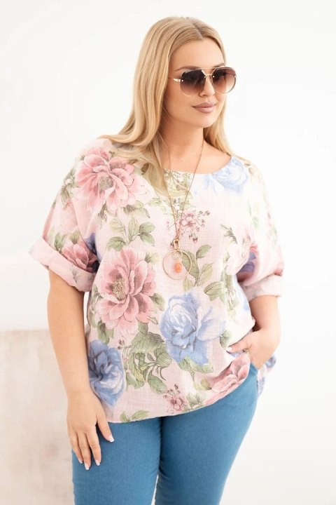 Bluzka damska bawełniana Plus Size z krótkim rękawem i kwiatowym wzorem pudrowy róż