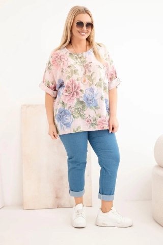 Bluzka damska bawełniana Plus Size z krótkim rękawem i kwiatowym wzorem pudrowy róż