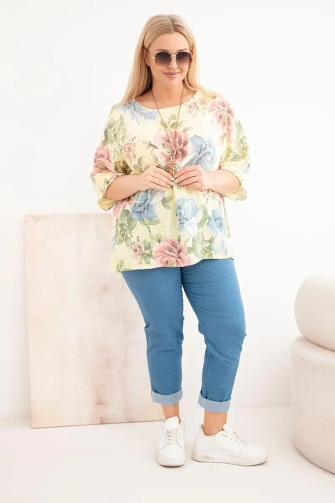 Bluzka damska bawełniana Plus Size z krótkim rękawem i kwiatowym wzorem żółta