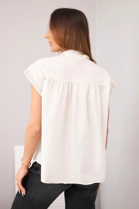 Bluzka damska bawełniana koszulowa z koronką i krótkim rękawem beżowa