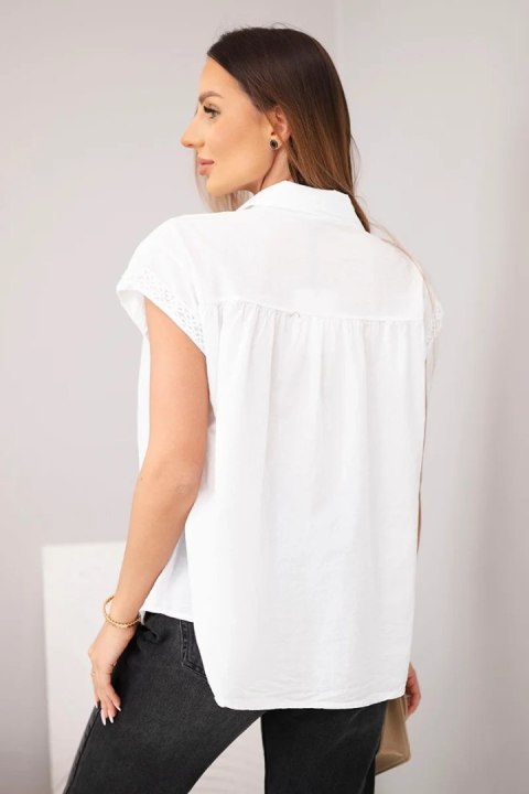 Bluzka damska bawełniana koszulowa z koronką i krótkim rękawem biała