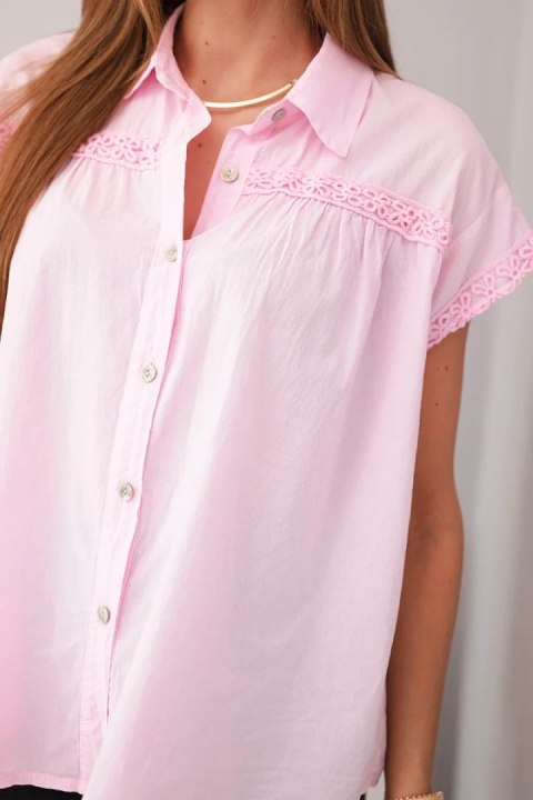 Bluzka damska bawełniana koszulowa z koronką i krótkim rękawem cukierkowy róż