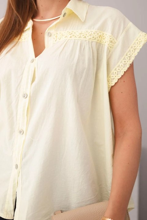 Bluzka damska bawełniana koszulowa z koronką i krótkim rękawem żółta