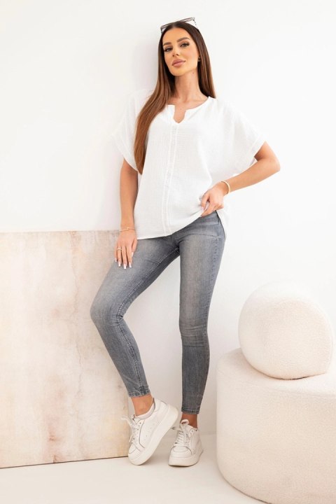 Bluzka damska bawełniana oversize z dekoltem V i koronką biała