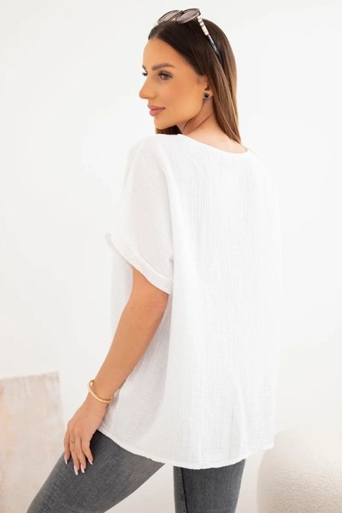 Bluzka damska bawełniana oversize z dekoltem V i koronką biała