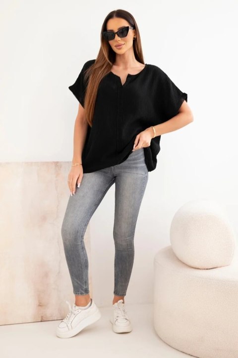 Bluzka damska bawełniana oversize z dekoltem V i koronką czarna