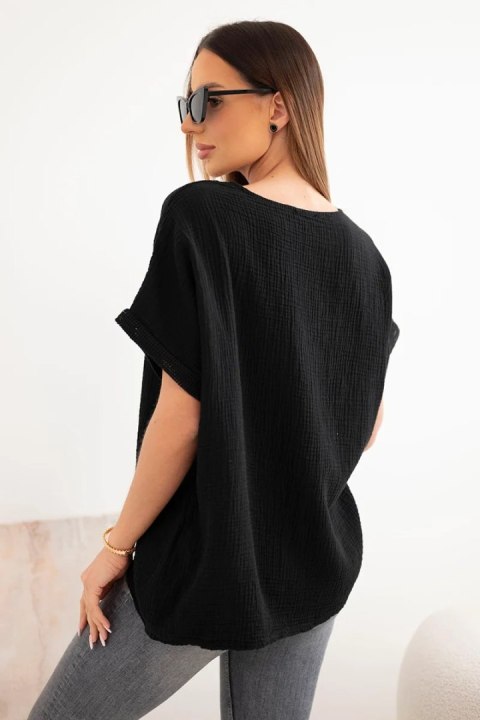 Bluzka damska bawełniana oversize z dekoltem V i koronką czarna