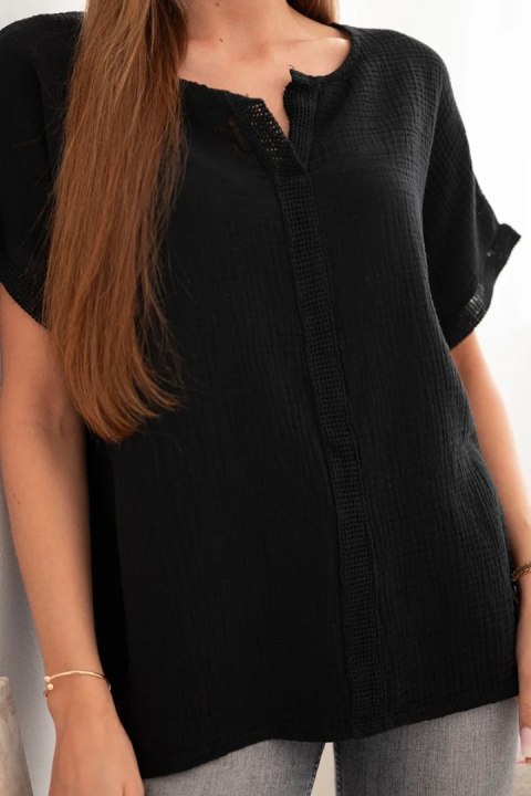 Bluzka damska bawełniana oversize z dekoltem V i koronką czarna