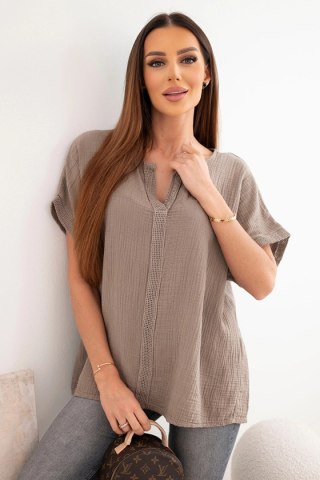 Bluzka damska bawełniana oversize z dekoltem V i koronką fango