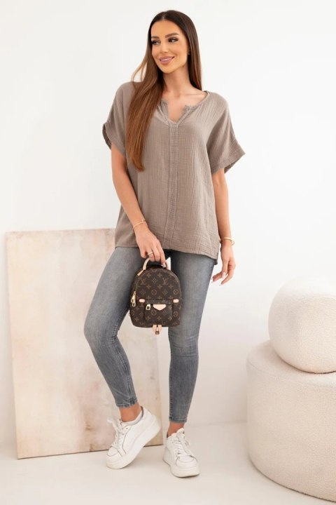 Bluzka damska bawełniana oversize z dekoltem V i koronką fango