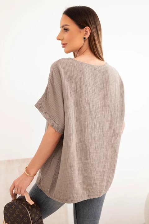 Bluzka damska bawełniana oversize z dekoltem V i koronką fango