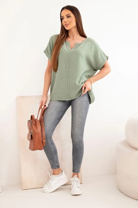 Bluzka damska bawełniana oversize z dekoltem V i koronką khaki