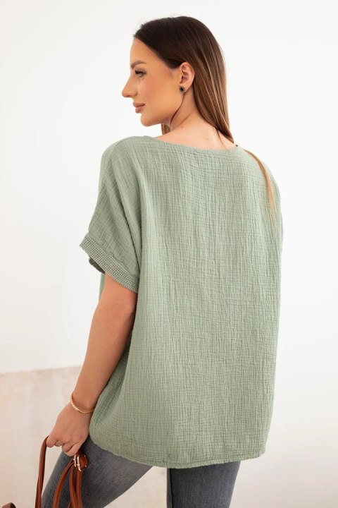 Bluzka damska bawełniana oversize z dekoltem V i koronką khaki