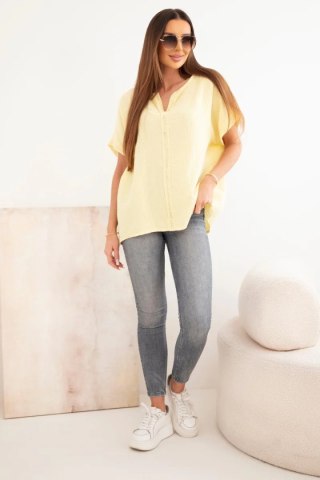Bluzka damska bawełniana oversize z dekoltem V i koronką żółta