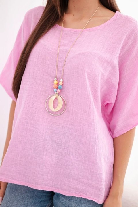 Bluzka damska bawełniana oversize z krótkim rękawem cukierkowy róż