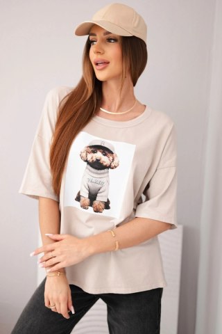 Bluzka damska bawełniana oversize z krótkim rękawem i modnym nadrukiem beżowa