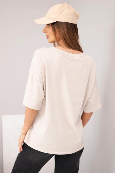 Bluzka damska bawełniana oversize z krótkim rękawem i modnym nadrukiem beżowa