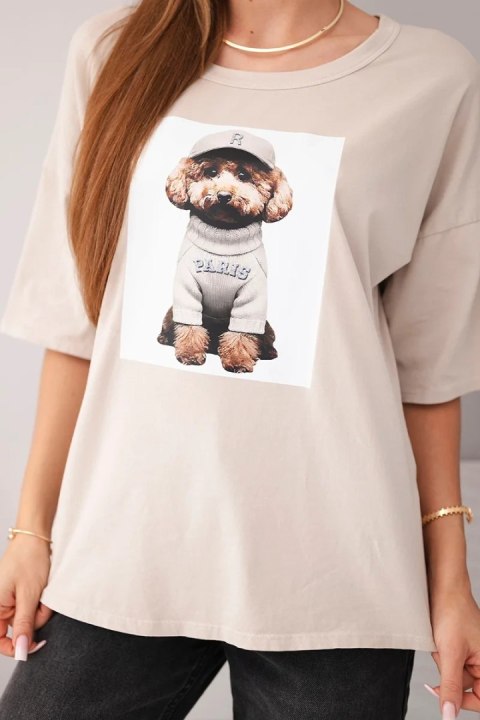 Bluzka damska bawełniana oversize z krótkim rękawem i modnym nadrukiem beżowa