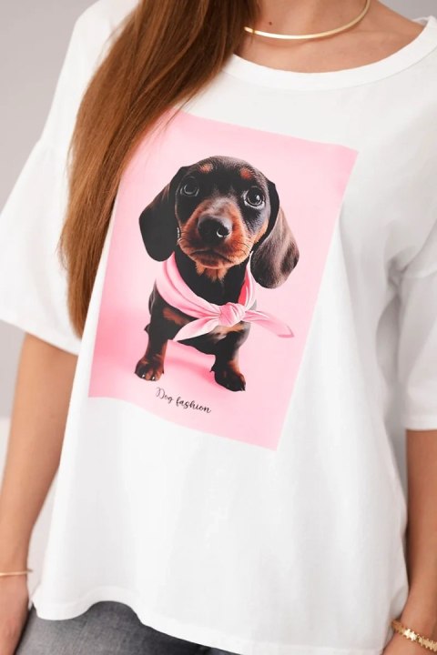 Bluzka damska bawełniana oversize z nadrukiem "Dog Fashion" biała