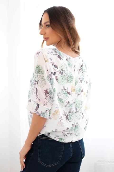 Bluzka damska w kwiaty z wiązaniem na dole ciemno miętowa