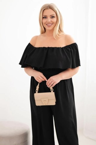 Kombinezon damski wiskozowy Plus Size hiszpanka z falbaną i szeroką nogawką czarny