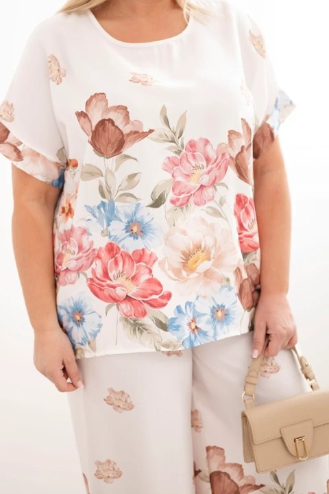 Komplet damski Plus Size z bluzką i spodniami w kwiaty z szeroką nogawką ecru