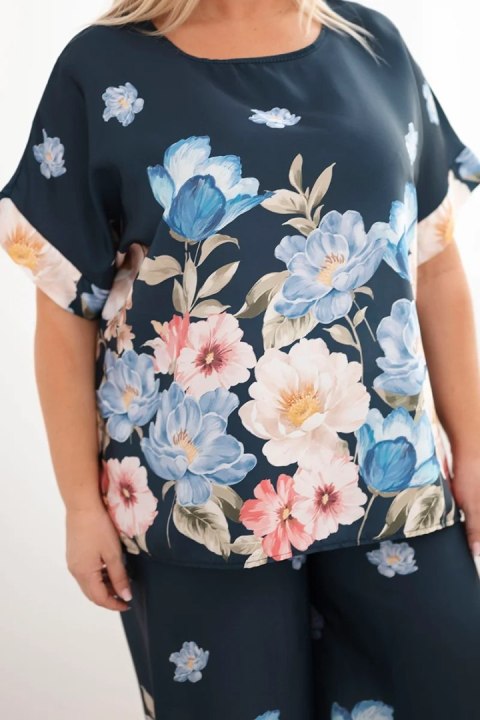 Komplet damski Plus Size z bluzką i spodniami w kwiaty z szeroką nogawką granatowy