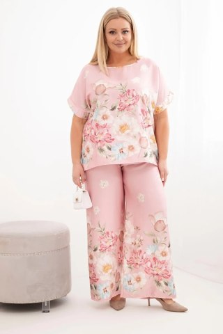 Komplet damski Plus Size z bluzką i spodniami w kwiaty z szeroką nogawką pudrowy róż