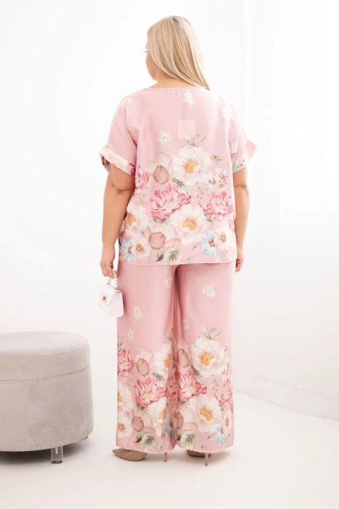 Komplet damski Plus Size z bluzką i spodniami w kwiaty z szeroką nogawką pudrowy róż