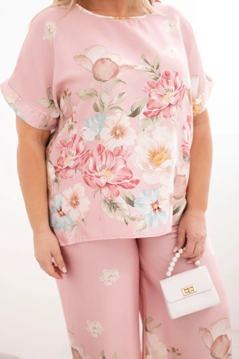 Komplet damski Plus Size z bluzką i spodniami w kwiaty z szeroką nogawką pudrowy róż