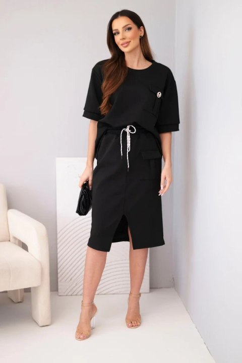 Komplet damski masełkowy z bluzką i spódnicą midi czarny