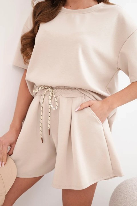 Komplet damski wiskozowy masełko z krótkim rękawem i spodenki z wysokim stanem beżowy