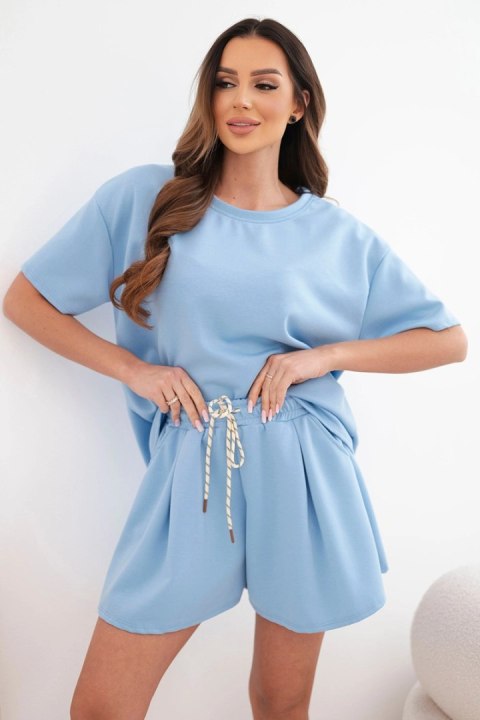 Komplet damski wiskozowy masełko z krótkim rękawem i spodenki z wysokim stanem niebieski