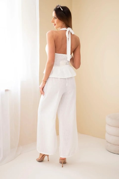 Komplet damski wiskozowy top wiązany i spodnie szeroka nogawka ecru