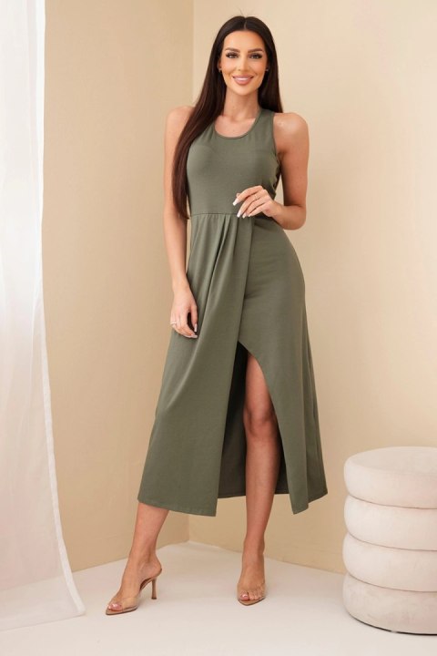 Sukienka damska bawełniana bez rękawów midi z marszczeniem khaki