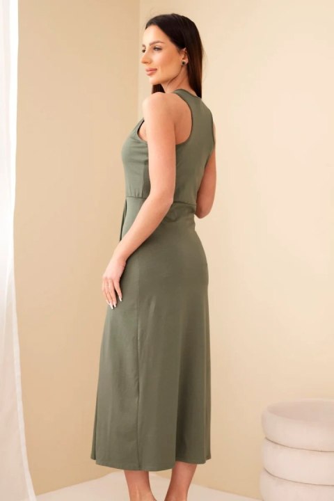 Sukienka damska bawełniana bez rękawów midi z marszczeniem khaki