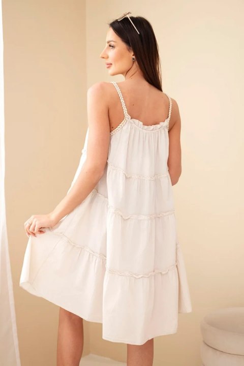 Sukienka damska bawełniana na ramiączkach z falbanami beżowa